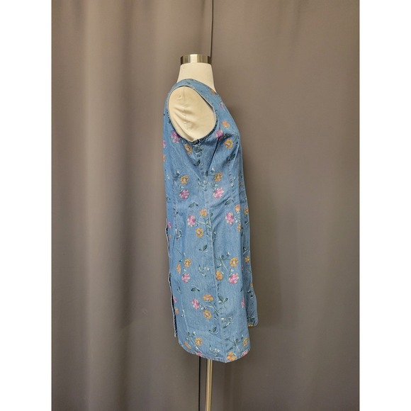 Studio Ease Denim Dress Blue Floral Button Back Sleeveless Vintage USA Size 16 - Picture 6 of 8